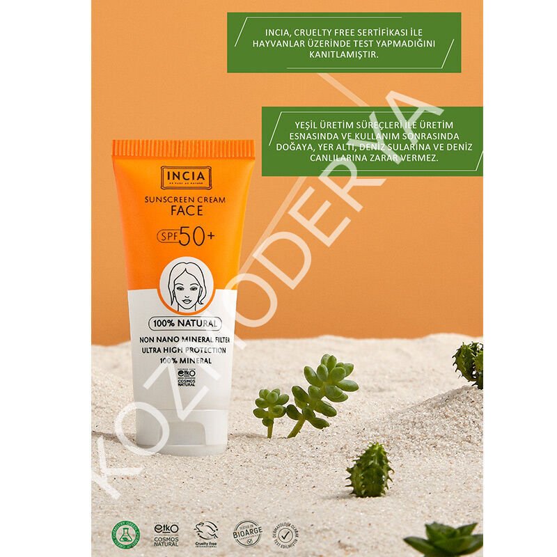 INCIA Yüz İçin %100 Doğal Güneş Kremi 50 SPF 50 ml